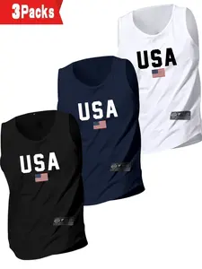 3-Pack New Geometric Print Men's Breathable Polyester Sports Tank Tops, Sports Vest, Ideal for Gym, Running, Outdoor, Moisture-Wicking Round Neck Training Wear