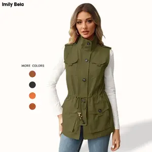 Imily Bela Women's Casual Military Utility Vest Lightweight Sleeveless Drawstring Jackets with Pockets