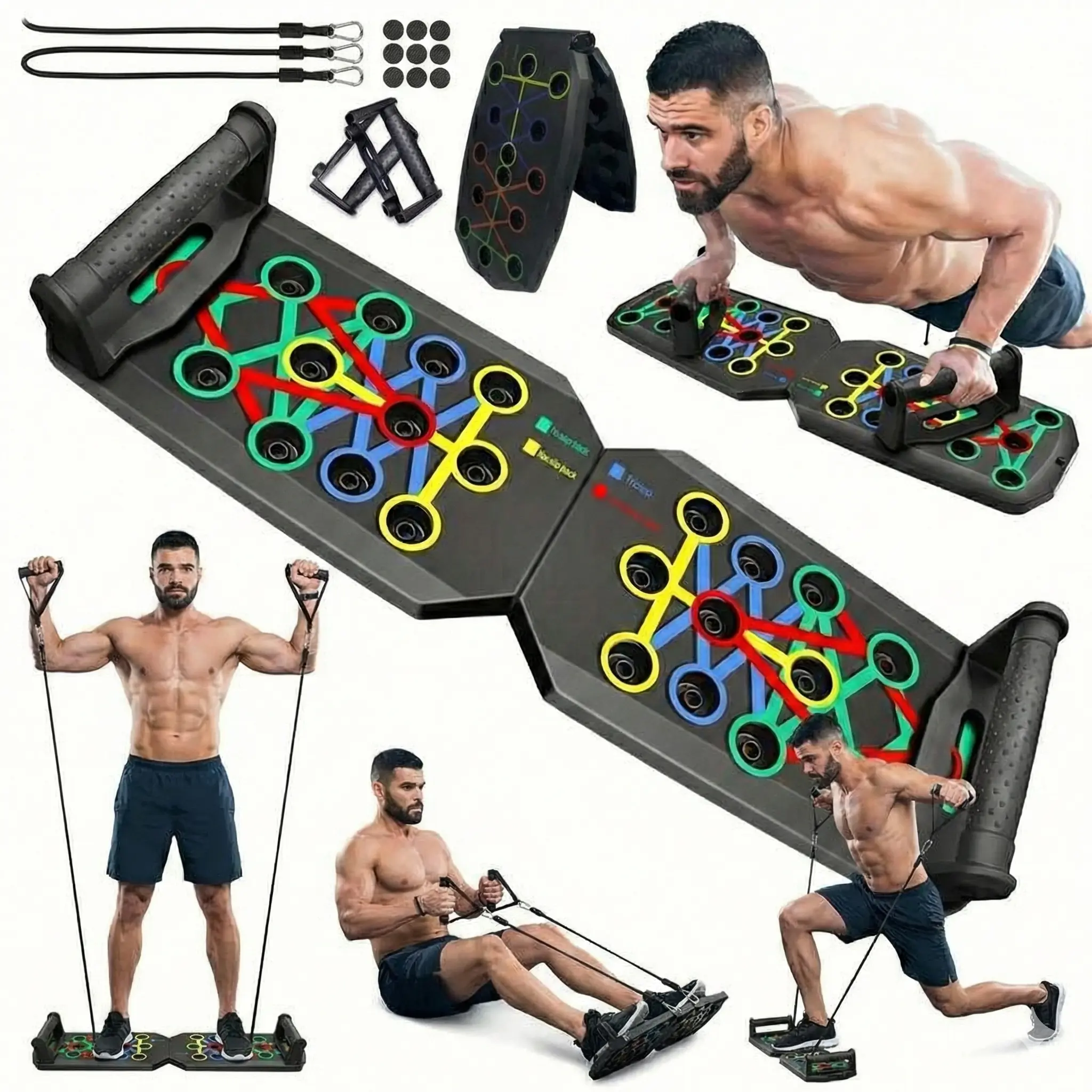 14-in-1 Foldable Push Up Board Stand, Color-Coded System with Resistance Bands, Portable ABS Plastic Strength Training Accessory for Tricep Workouts, Home Exercise Equipment for Travel