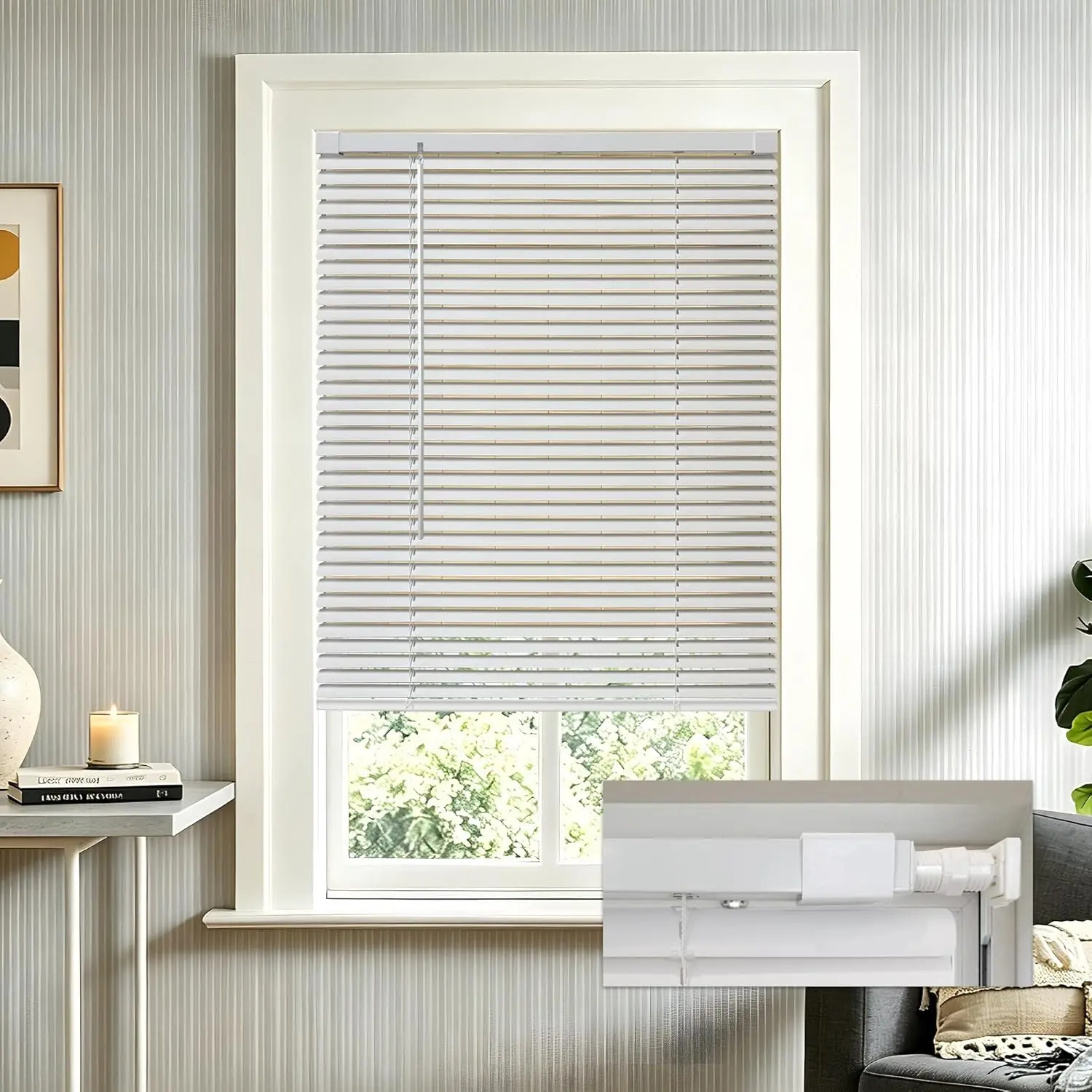 No Tools No Drill 1" Cordless Mini Blinds, Horizontal Light Filtering Blind, Vinyl Blinds for Indoor Windows 45.5" W x 64" H, White.