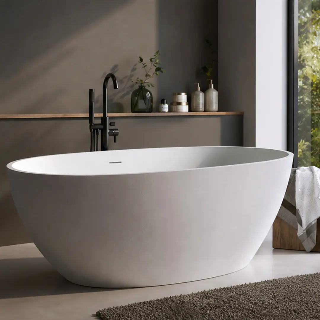ARCH 59-61 Inch Solid Surface Freestanding Overflow Bathtub, Stone Resin Stand-Alone Oval Soaking Bath with Center & Lift-Up Drain, Matte White Ergonomic Deep Soaker for Master Bathroom, Multiple Size Options, Stand-Alone Soaking Baths, 282.20 Lb, Soaking