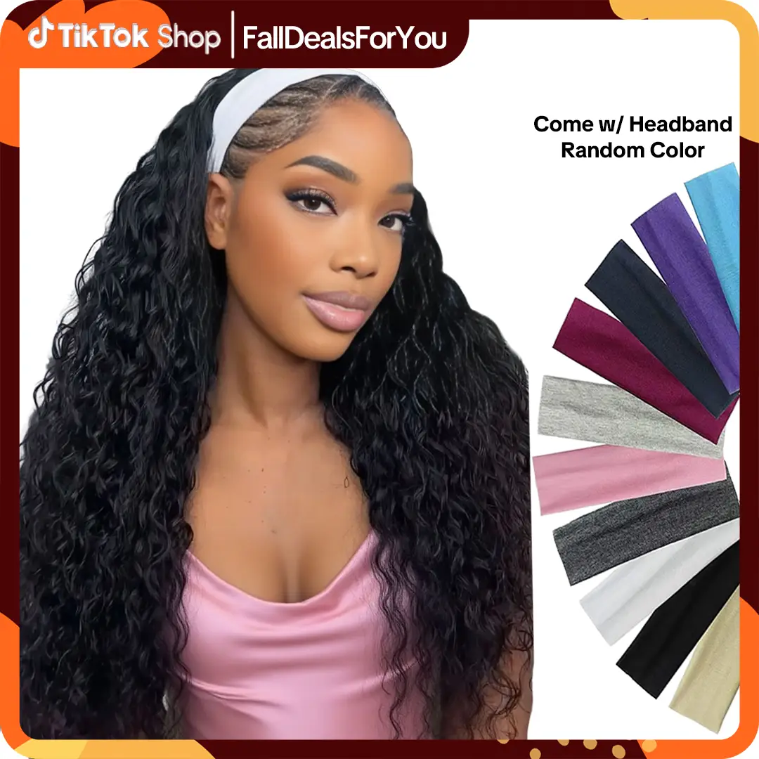 【UPGRADED】Water Wave Headband Wig Human Hair Natural Black Glueless Breathable Drawstring & Hook Fit All-Day Secure Hold TikTokShopFallDealsForYou