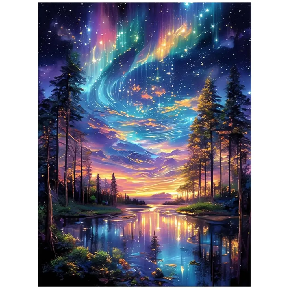 Aurora borealis forest with starry river and pine tree reflection wall art, Diamond pattern design, Multiple sizes available, Diy craft supplies, 5D DIY diamond painting set diamond art embroidery kit furniture decor holiday art gift