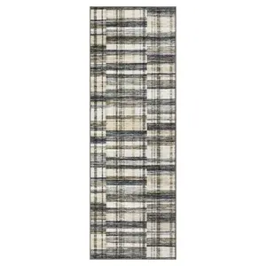 2 x 6 ft Polyester Blue Beige Rectangular Runner Rug, Checkered Print, Modern Geometric, Machine Washable, High-Traffic for Hallway Entryway