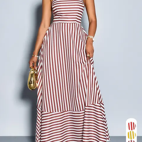 Elegant Casual Boho Chic Striped Sleeveless Dress for Women, Long Flowy Hem, for Spring & Summer, Perfect for Daily Wear, Casual Classy Womenswear