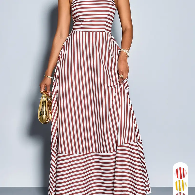 Elegant Casual Boho Chic Striped Sleeveless Dress for Women, Long Flowy Hem, for Spring & Summer, Perfect for Daily Wear, Casual Classy Womenswear