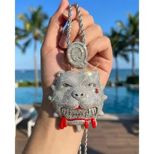 3D Iced Out Savage Pitbull Pendant Necklace, Bloody Fangs Dog Chain with Red Teardrop, White Gold Hip Hop Animal Jewelry, Men's Trap Rapper Drip