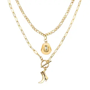 Western Cowgirl Necklace Set: 2-Piece Layered Cowboy Hat & Boot Pendant Set Gold Tone Stainless Steel Stackable Western Jewelry for Women