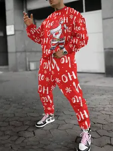 Trendy Christmas Print Hoodie Set, Casual Fitted Pants, Long Sleeve, Below the Ankle, Fall & Winter, Daily Wear, Running & Outdoor