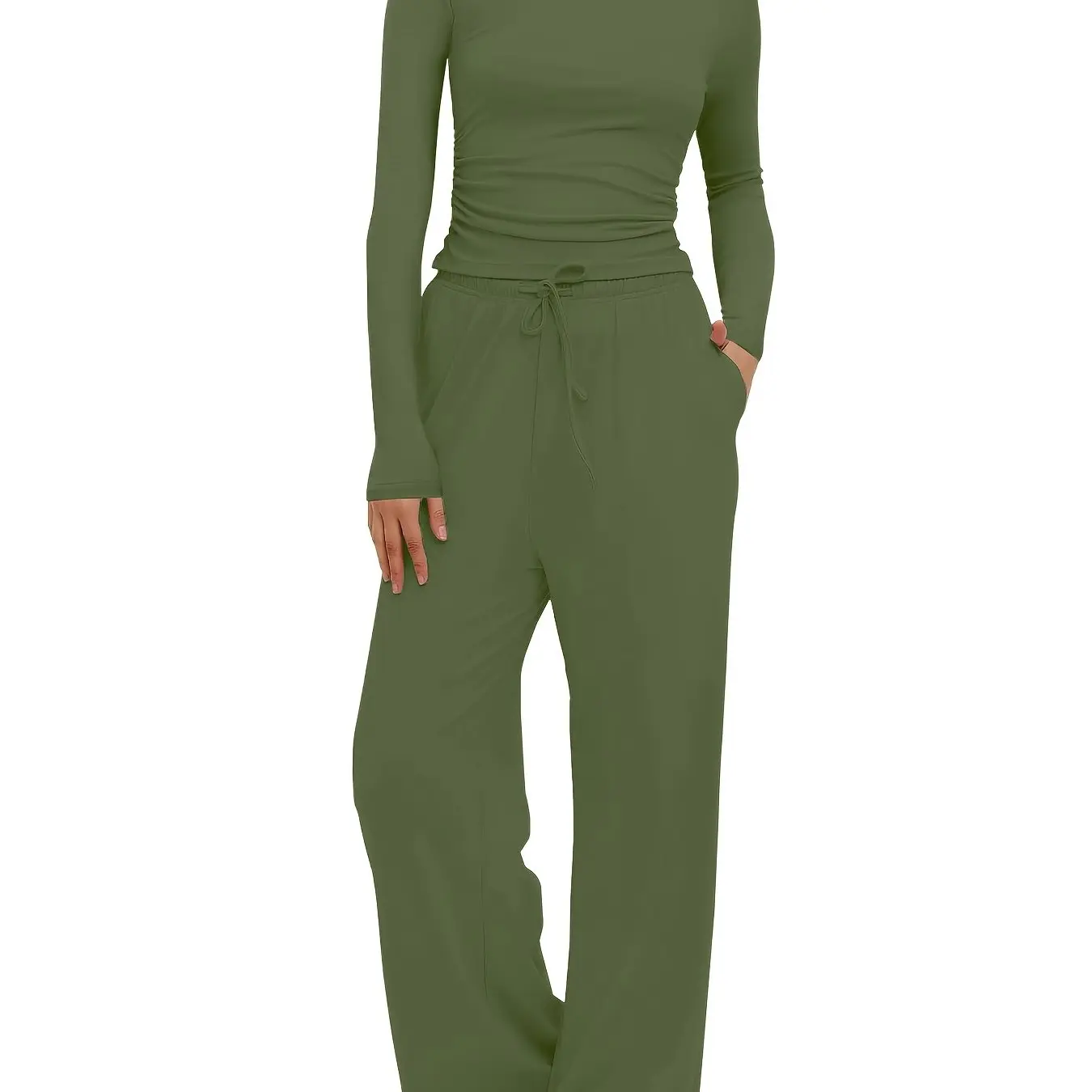 2pcs Women's Polyester Sportswear Set - Solid Color Crew Neck Long