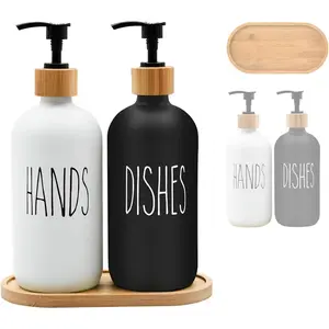 16 OZ Glass Hand and Dish Soap Dispenser Set with Bamboo Tray Modern Farmhouse Kitchen