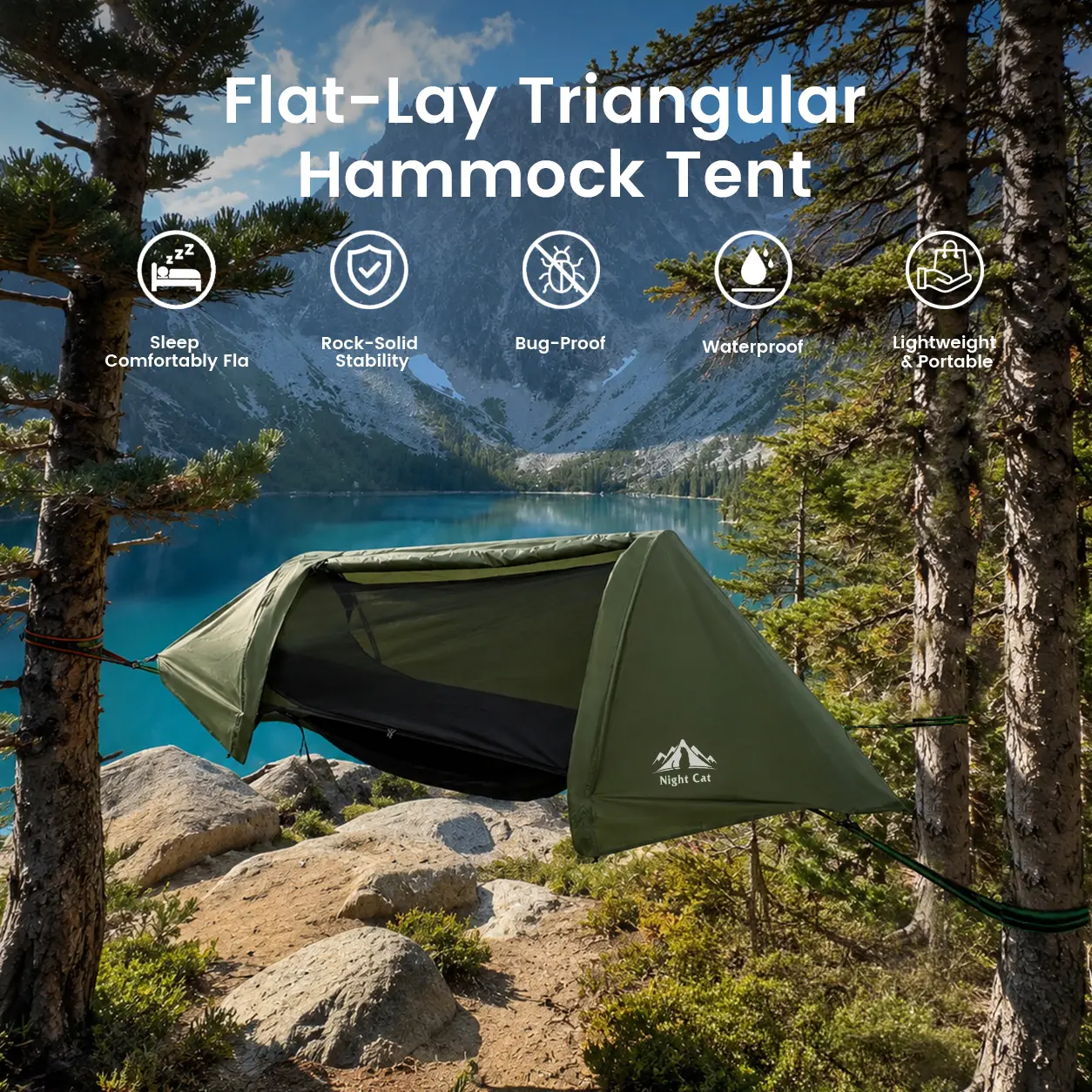 Night Cat Flat Lay Hammock Tent - 1-Person Portable Lightweight Tree Hammock, Durable, with Mosquito Net, Waterproof Rainfly for Outdoor Camping (Green), Durable Hammock