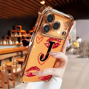 Kissed Initial J Phone case for iPhone 17 Air 16 15 16e 14 13 12 11 Pro Max Plus X XS Mother's Day gift Electroplated Bumper Full Body Protection Shockproof Soft Silicone Cover Four-corner Thickened