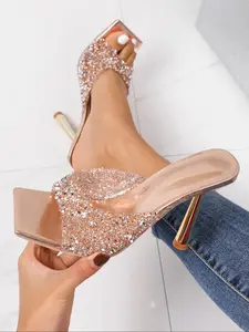 Women's Fashionable Rhinestone Decorated High Heel Sandals, Elegant Square Toe Sandals for Party, Daily Clothing Decor for Women & Girls, Glitter Heeled Sandals