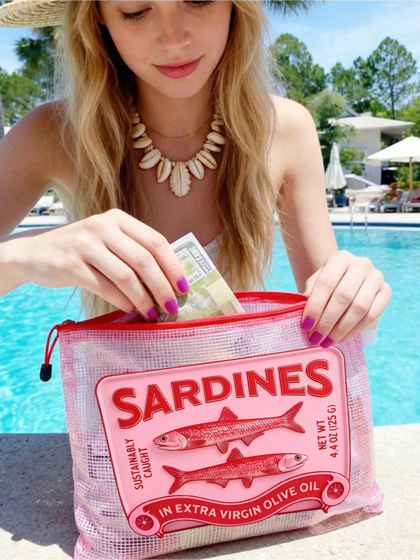 Vintage Sardine Waterproof Beach Bag, Cartoon Rainbow Trout Pattern, Large Capacity Transparent Makeup Bag with Nylon Zipper, Lightweight, Durable, Cosmetic Pouch, Travel Cosmetic Bag, Cosmetic Storage Bag, Cosmetic Travel Bags