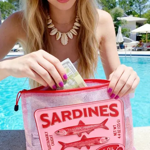 Vintage Sardine Waterproof Beach Bag, Cartoon Rainbow Trout Pattern, Large Capacity Transparent Makeup Bag with Nylon Zipper, Lightweight, Durable, Cosmetic Pouch, Travel Cosmetic Bag, Cosmetic Storage Bag, Cosmetic Travel Bags