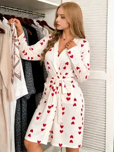 Spring Autumn New Bottom Heart Soft Comfortable Belted Bathrobe, Long Sleeve Loose-Fitting Pocket Sleepwear Home Wear