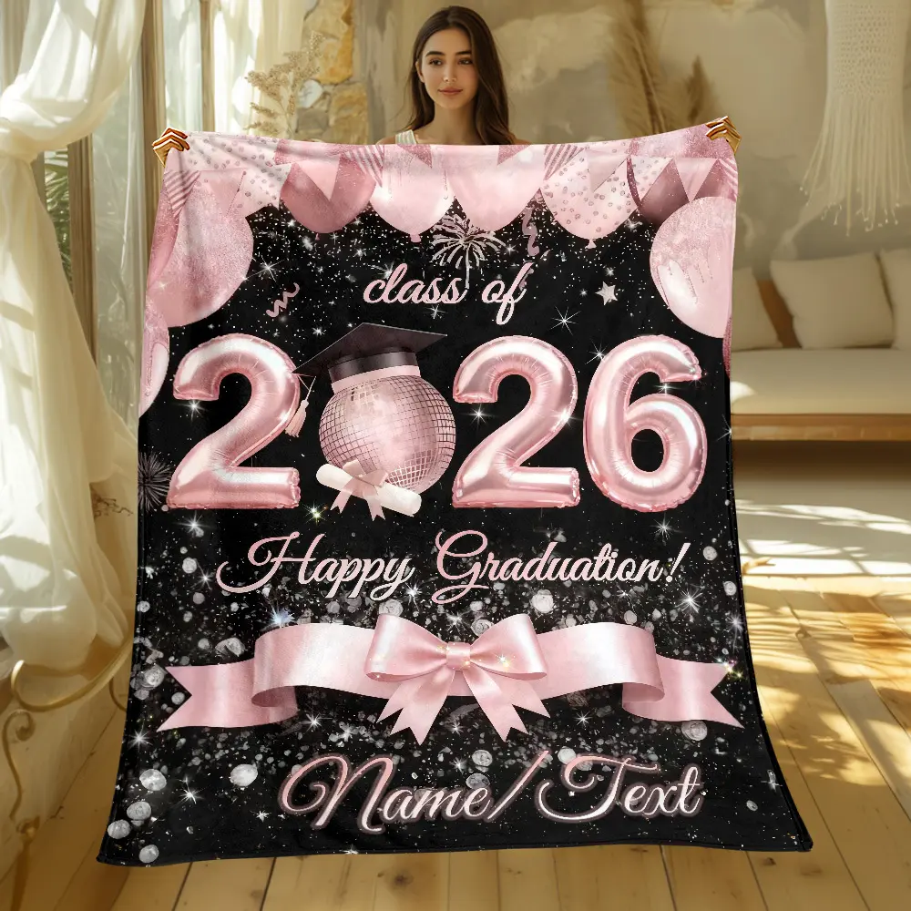 Pink 2026 Graduation Gift Custom Name Portable Blanket | Lightweight Polyester Flannel, Digital Print, Suitable for Travel, Camping, Living Rooms, Offices, Sofas, Chairs, and Beds - Soft and Warm Fabric