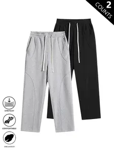 2-Pack Men's Solid Loose Straight Casual Pants,Unisex Versatile Sports Trouser,Plain Joggers,Splicing Design Sweatpants,For Daily Wear,School,For Fall Menswear,All Seasons,available in 2 pack & 1-pack options,Please place an order according to size chart
