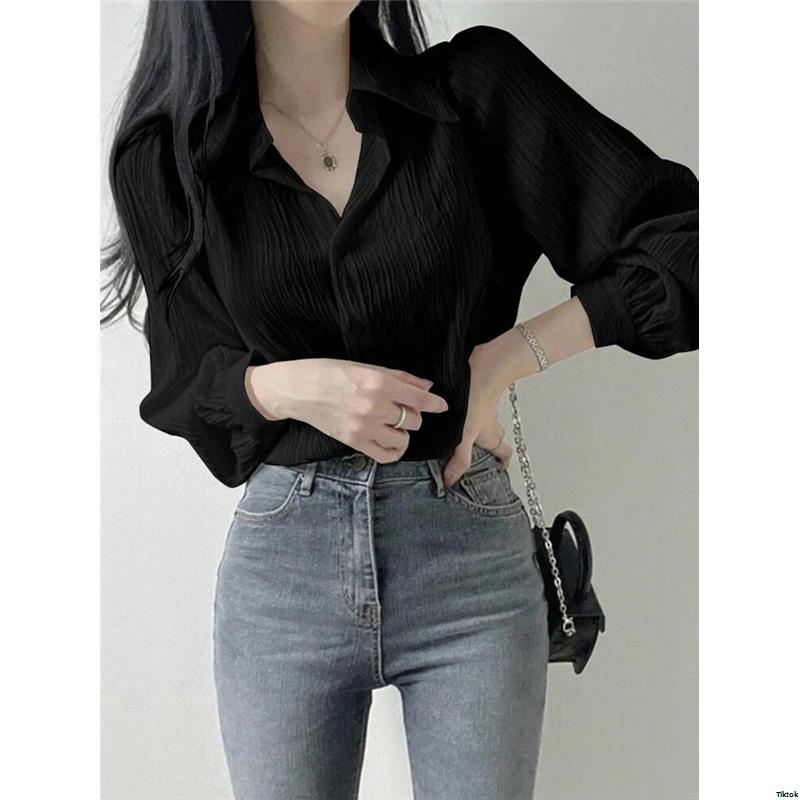 Spring Black JoudiyaWomen sPleatedSolidColorLapelLooseShirt Autumn