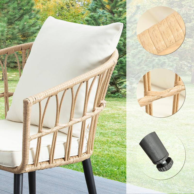 Ainfox 3-Piece Patio Bistro Furniture Set, Outdoor Wicker Rattan Chat Coversation w/Glass Top Table & Cushions for Porch, Backyard, Apartment, Balcony (Beige)