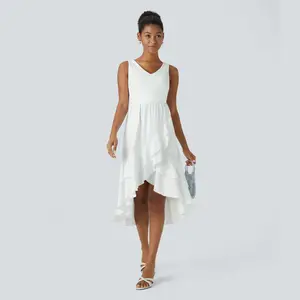 Halara Breezeful V Neck Backless Cut Out Side Pocket Ruffle Flowy Quick Dry Midi Bridesmaid and Wedding Guest Dress