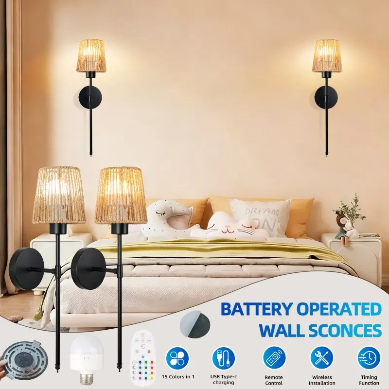 2Pcs New Style Battery Powered Rechargeable Cordless Wall Sconce With Dimmable Bulb And Remote Control No Drill Mount Renter Friendly Wall Light Fixture For Bedroom Living Room Hallway Entryway Indoor Home Decor#HomeDecor #WallLamp