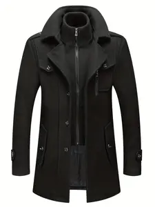 INVACHI Men's Wool Blend Coat Warm Winter Trench Coat with Removable Inner Collar Single Breasted Overcoat Fitted Long Sleeve Plain Outerwear