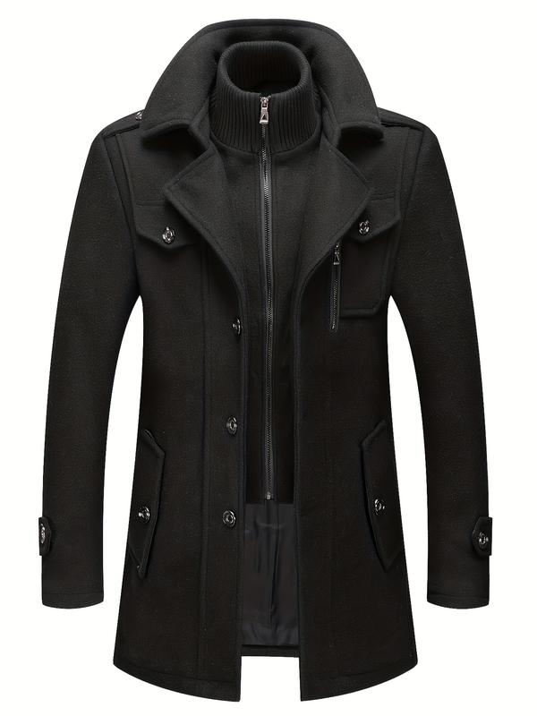 INVACHI Men's Wool Blend Trench Coat - Classic Single Cut, Single Breasted Fitted Longsleeves Winter Outerwear, Removable Inner Collar, Buttons, Casual Plain Sleeve Men's Trench & Rain Coats for Christmas, Thanksgiving