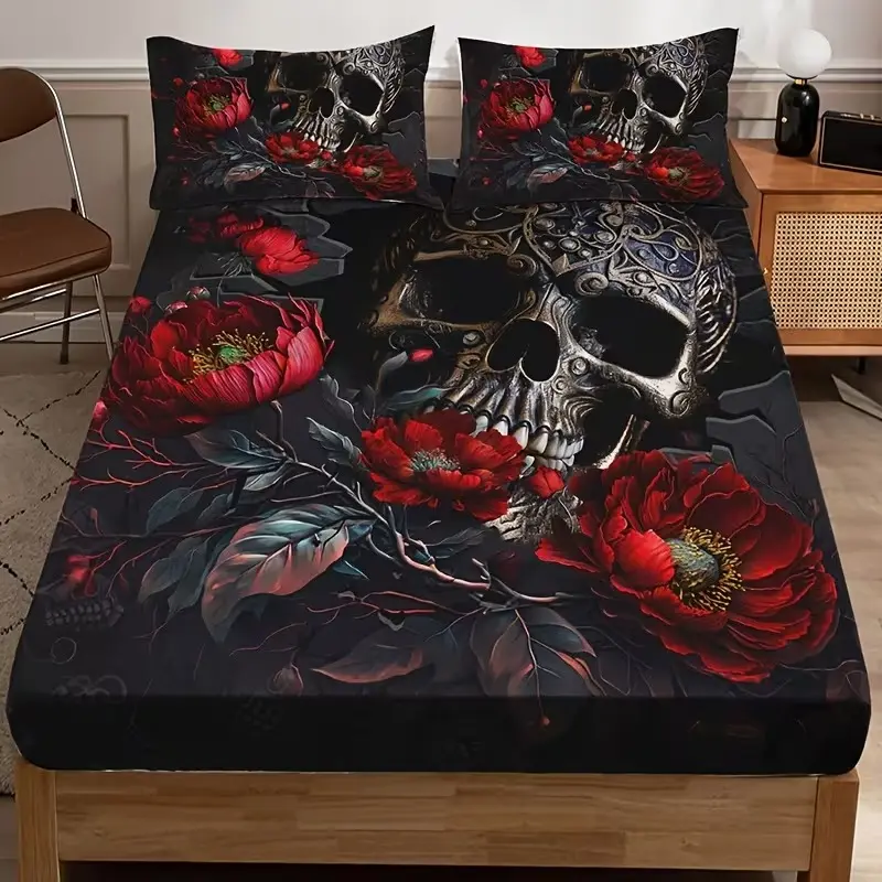 3pcs Floral Skull Decorative Bedding Set, High-Definition Digital Print, Polyester Material, Ideal for All Seasons, Floral Sheets, Bed Sheet Sets, Bedding Essentials