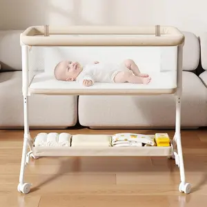 Portable baby bassinet bedside sleeper with all-mesh design and washable mattress, 5 adjustable heights, beige