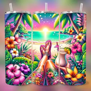 Summer Beach 20 oz Tumbler - BPA Free, stainless steel, Leak proof, durable, with clear lid