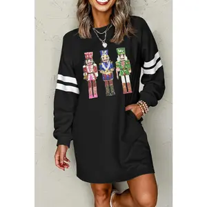 Black Christmas Nutcracker Sequins Patch Varsity Striped Sleeve Sweatshirt Dress