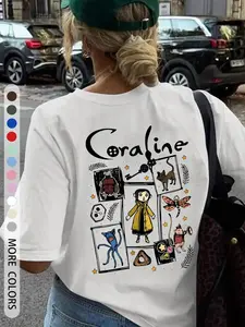 Women's Loose-Fit Round Neck T-Shirt, Coraline Cartoon Print, Soft Breathable Fabric, Summer Casual Fashion, Age 35-44, Knitted Pattern