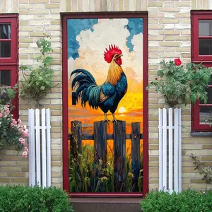 2pcs Oil Painting Style Rooster Wall Sticker Sunrise Scene Decorative Decal for Kitchen Dining Room Self Adhesive Removable Waterproof PVC Home Wall Art Animal Theme Decorative Stickers