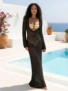 Women's Solid Color Crochet Cover Up Dress, Casual Long Sleeve Cover Up Dress for Beach Holiday Vacation, Ladies Swimwear for All Seasons, Swimsuit Cover Up, Beachwear Cover Up, Swimwear Coverups