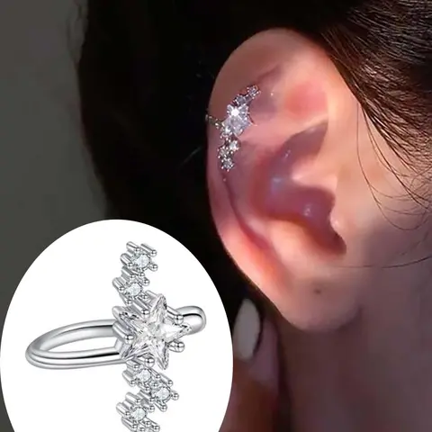 Sparkling Star Ear Cuff Clip On Cartilage Earrings for Women Cubic Zirconia Stainless Steel No Piercing Non Pierced Earrings Fake Earrings Trendy Jewelry for Daily Wear, Party, Gift High Quality Earrings