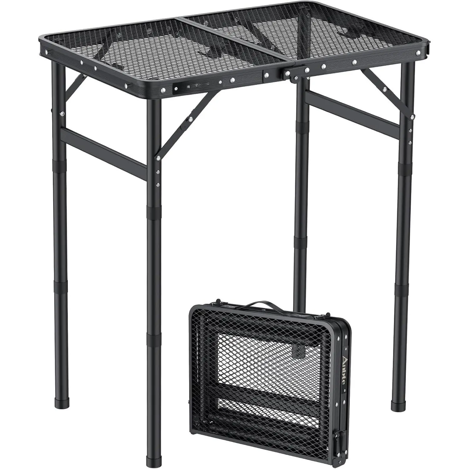 Folding Grill Table,  Camping Table Adjustable Height Max 27.5" Picnic Table Outdoor Table, Lightweight, Portable Handle for Travel Cooking BBQ Picnic, 22.8" x 16", Black
