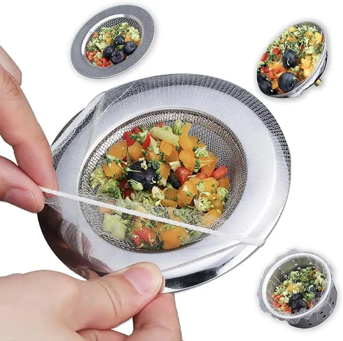 Disposable Polyester Kitchen Mesh Sink Strainer Bags with PP Extraction Box, Elastic Anti-Clogging Kitchen Tool for Cleaning, Fits All-Size Sink Drains to Collect Food Waste, Fits All Size Sinks