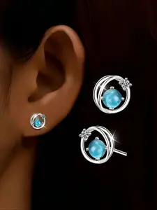 1 pair of S925 silver synthetic zircon earrings, hollowed out circular moonlight blue design - simple and hypoallergenic, perfect gift for women's daily wear, Stud Earrings