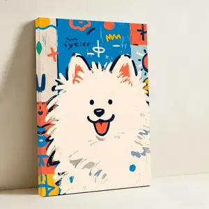 Northern European Abstract Graffiti Style Wood Wall Print - Artistic Cute Little Dog Canvas Painting with Playful Vibrant Colors, Lines, Vertical Hanging for Children’s Room Decoration