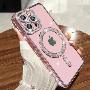 For iPhone 14 15 Pro Max Luxury Diamond Crystal Plating Frame Case For iPhone 15 11 12 13 14 Pro Max Plus Soft Transparent Magsafe Magnetic Glitter Cover