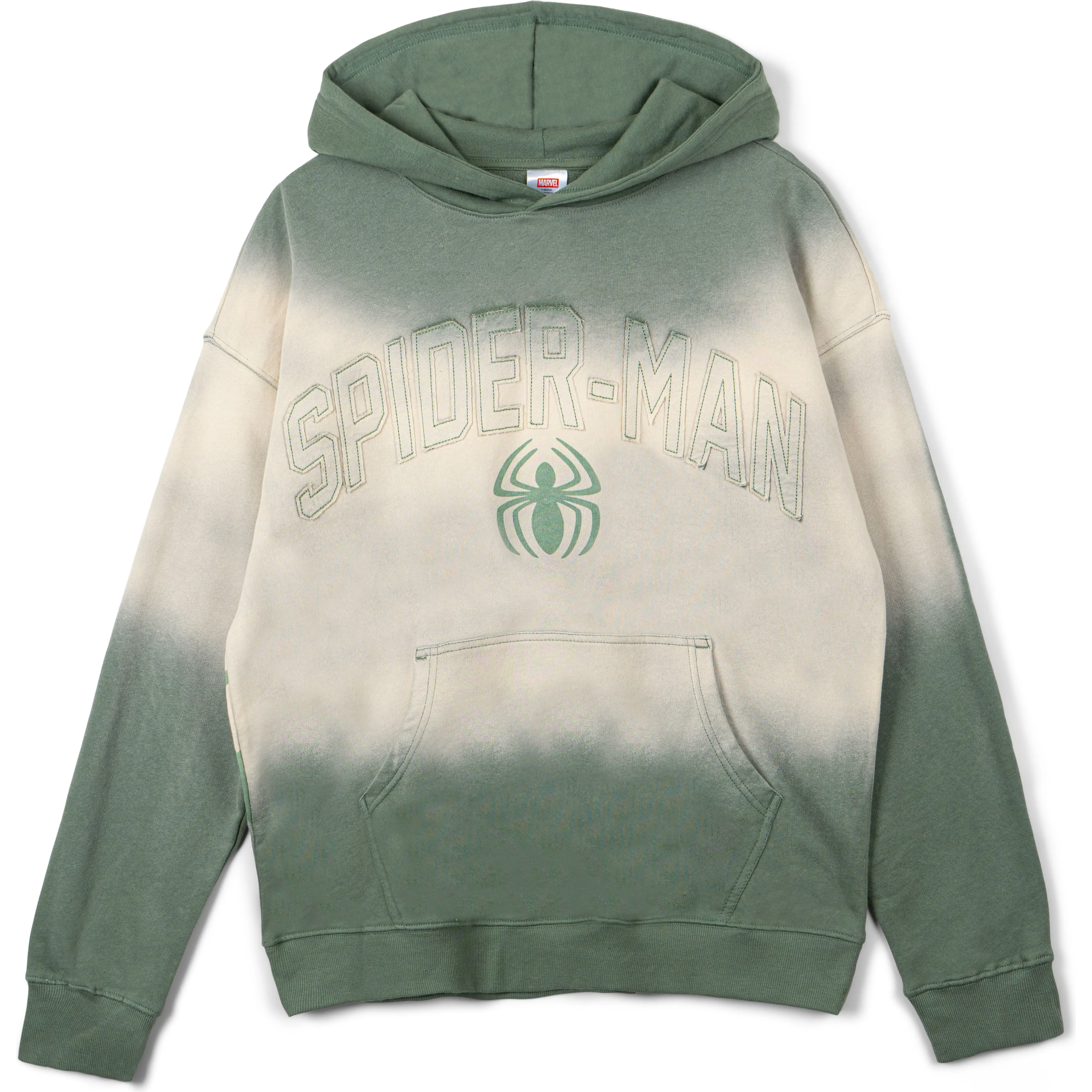 Marvel Spider-Man Women's Embroidered Pullover Hooded Sweatshirt, Olive Cream Drop Shoulder Long Sleeve for Everyday Street Style, Jersey, Ribbed, Unisex, Athletic