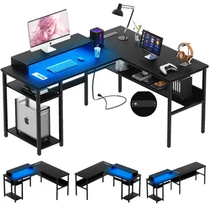 Homieasy Reversible L Shaped Desk with Magic Power Outlets and Smart LED Light, Sturdy Corner Computer Desk with Monitor Stand & Storage Shelves, Gaming Table Home Office Desk, Easy Assembly, Black