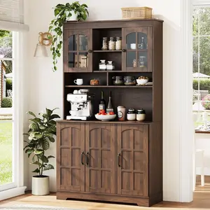 70.9 Inch Pantry Cabinet with Charging Station, Tall Kitchen Pantry Storage Cabinet with Hutch, Kitchen Cabinet with Glass Doors, for Dining Room