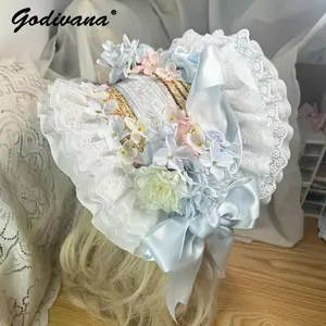 Original Design Lolita Hat Bonnet Girl Women's Sweet Flower Bow Bnt Pastoral Lolita Straw Hat Cos Headwear