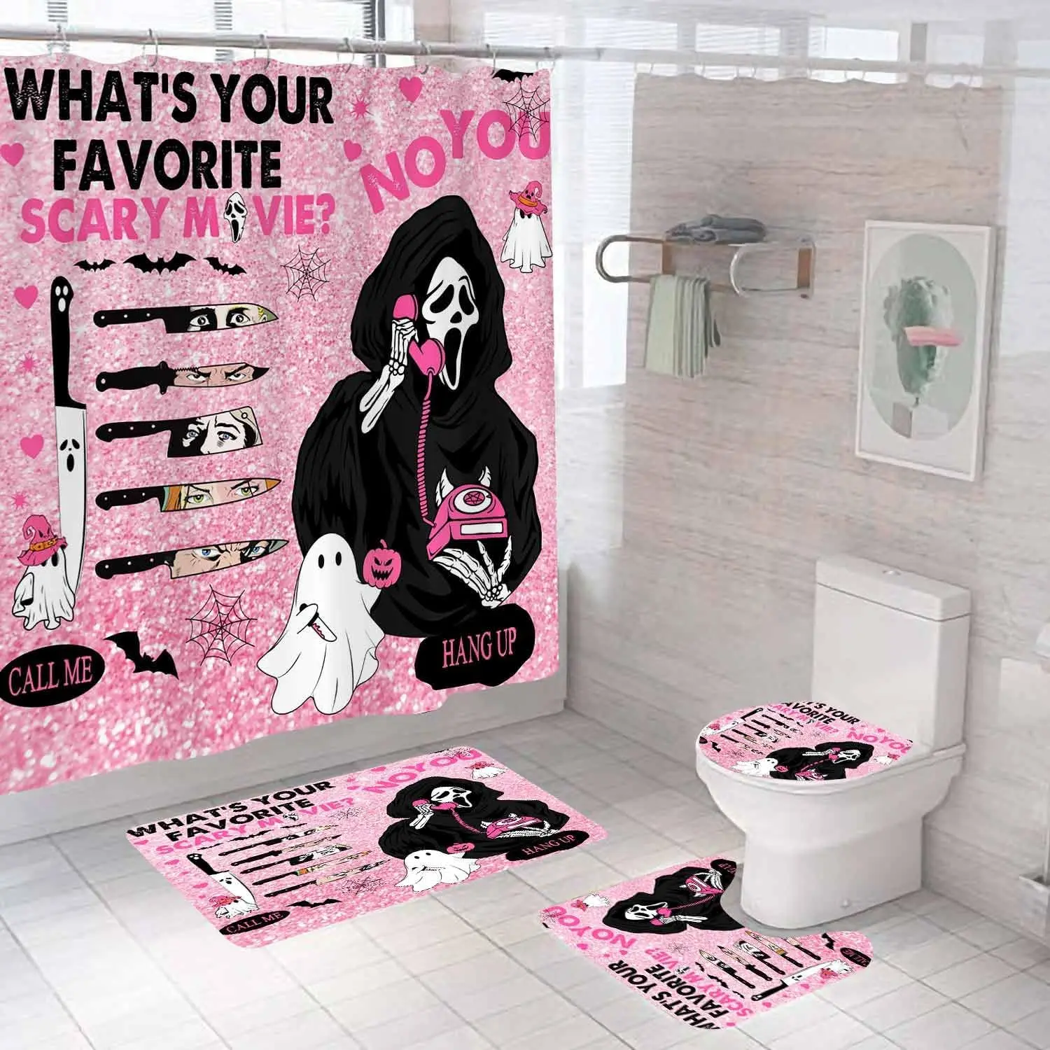 1/4pcs Four-piece pink Halloween shower curtain set, includes rug, fun ghost shower curtain, waterproof pink shower curtain, spooky gothic skull pumpkin bat Halloween bathroom decoration.