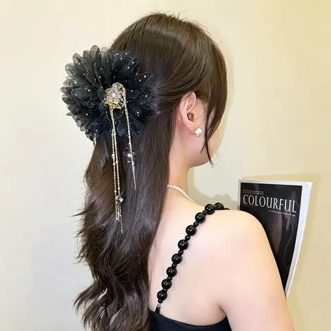 Women's Premium Claw Clip Style Hijab Hair Clip - 3D Flower, Butterfly Accents, Floral Tassel, Secure Hold Bun Creator Set