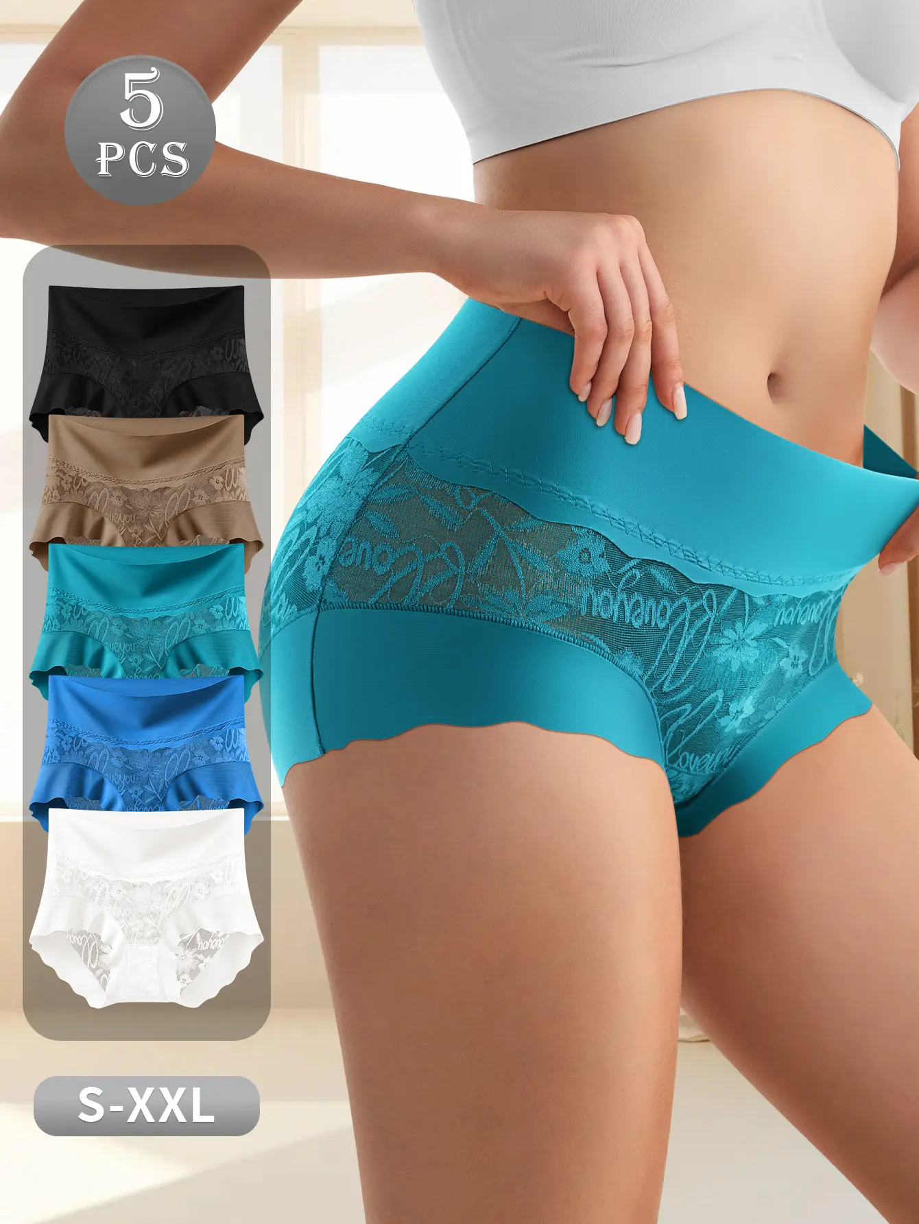 QUASTI 5PCS Floral Lace High Waist Shapewear Briefs, Elastic Waist Tummy Flatten Butt Lift Underpants, Morandi Color  Soft Skin-Friendly Daily Fitted Women Underwear