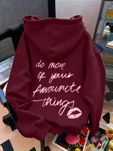 Women's Hooded Sweatshirt with Letter and Lip Print, Casual Loose Fit Pocket Top, Graphic Hoodies, Fall & Winter Fashion Streetwear